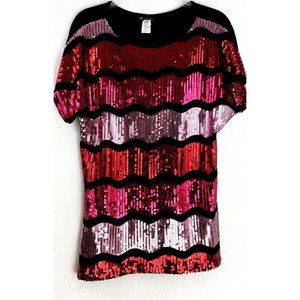 Monamie Blouse pullover Women's stretch VTG Y2k  Sequin Black/Silver/pink M